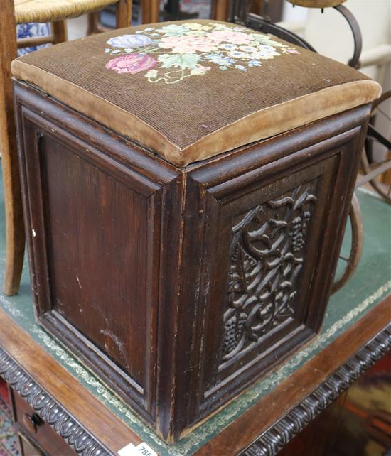 A carved oak box seat stool 1ft 3in.